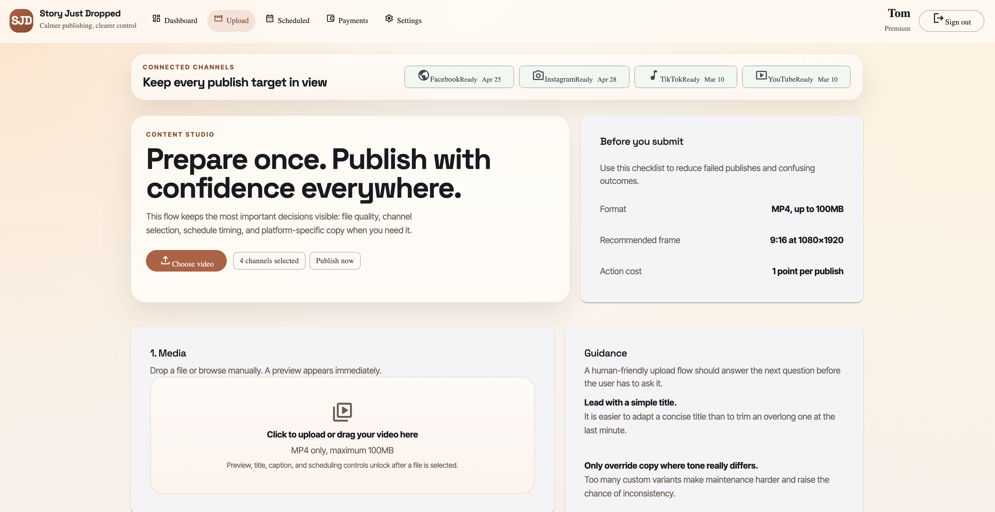 StoryJustDropped scheduled posts queue view.